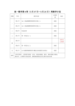 高一数学第4周（3月17日—3月21日）周教学计划（有改动）