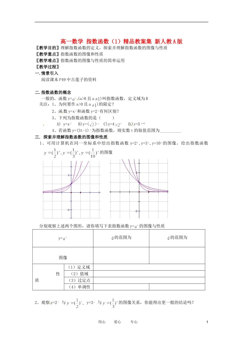 高一数学 指数函数（1）精品教案集 新人教A版_第1页
