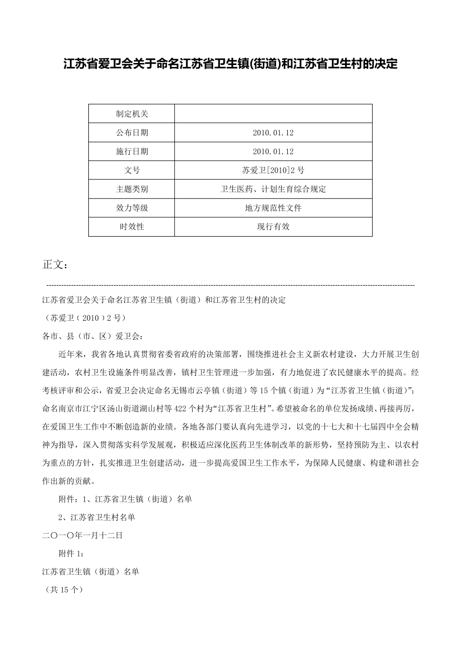 江苏省爱卫会关于命名江苏省卫生镇(街道)和江苏省卫生村的决定-苏爱精品_第1页