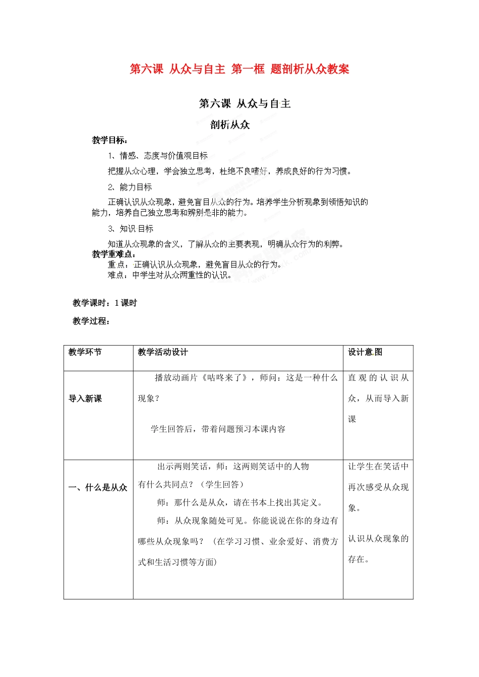 山东省冠县武训高级中学八年级政治上册 第六课 从众与自主 第一框 题剖析从众教学设计 教科版教材_第1页