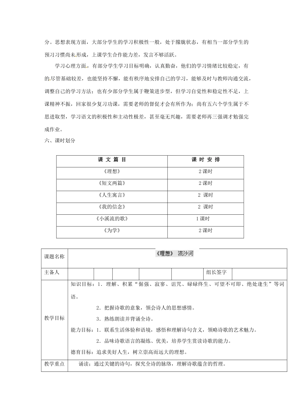 山东省临淄市外国语实验学校七年级语文上册《理想》教学设计（1） 新人教版教材_第2页