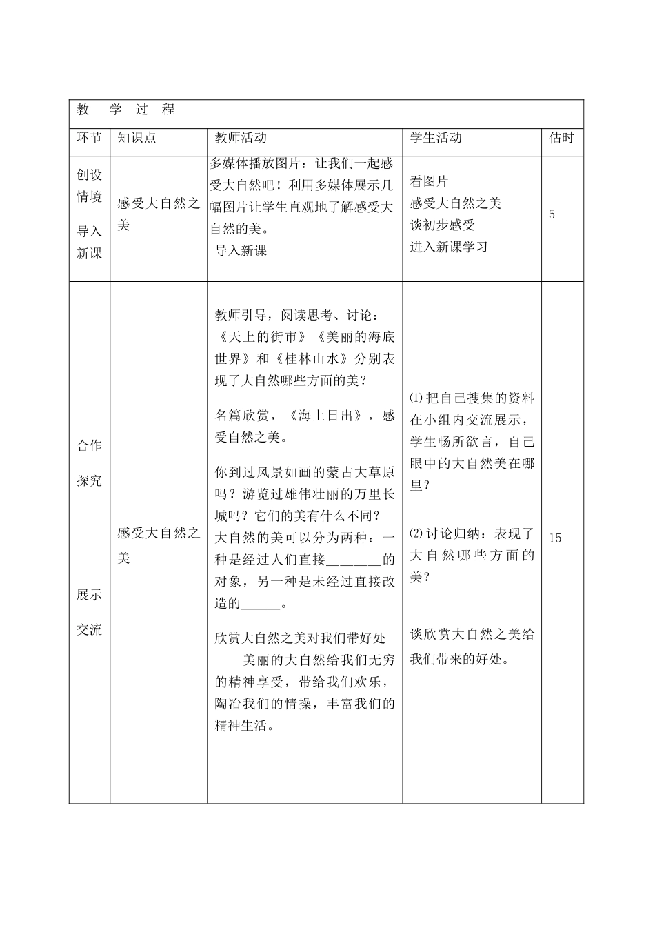 山东省临沭县第三初级中学八年级政治下册《感受大自然之美》教学设计_第2页