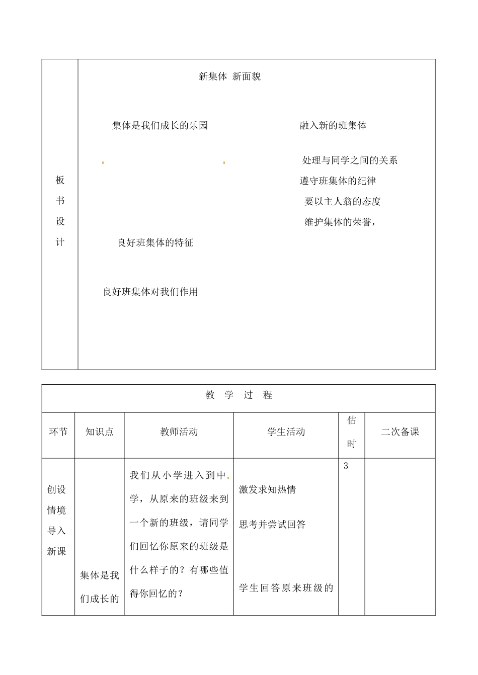 山东省临沭县第三初级中学七年级政治上册《新集体新面貌》教学设计 鲁教版教材_第2页