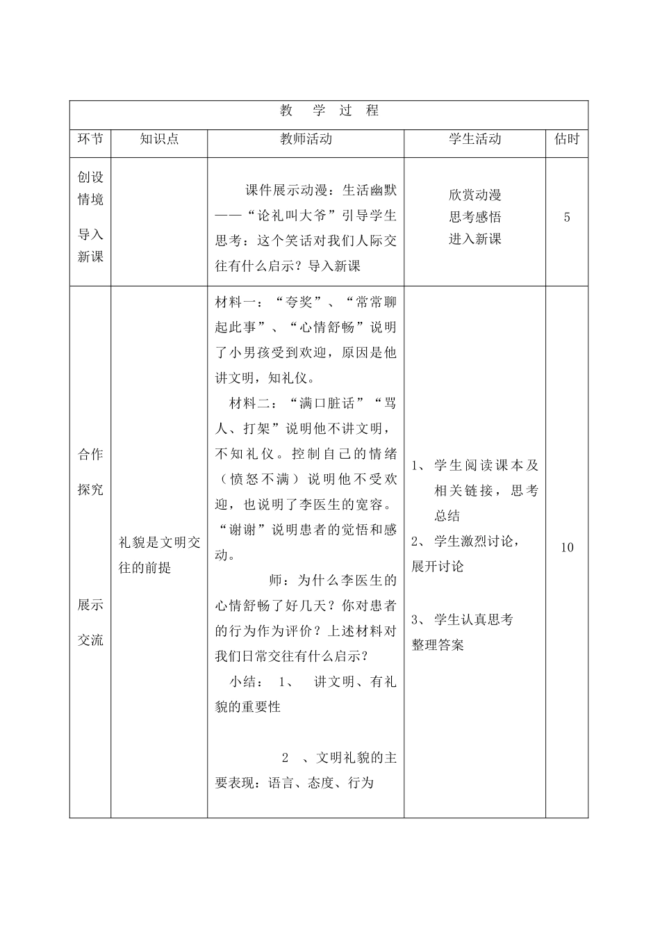 山东省临沭县八年级政治上册《文明交往礼为先》教学设计 新人教版教材_第2页