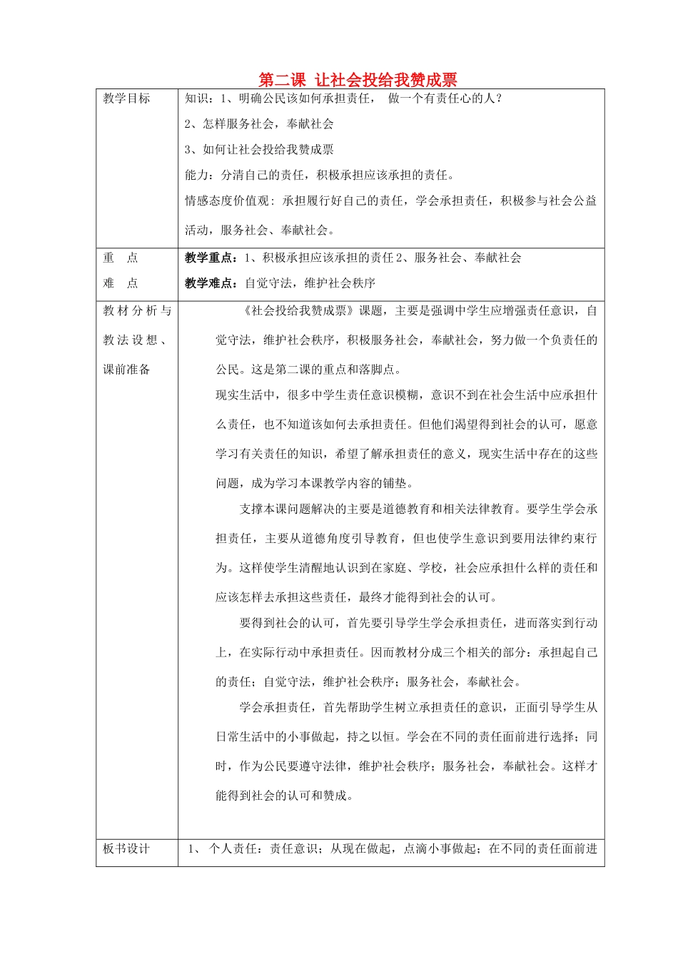 山东省临沂市蒙阴县第四中学九年级政治全册 第二课 让社会投给我赞成票教学设计 鲁教版教材_第1页