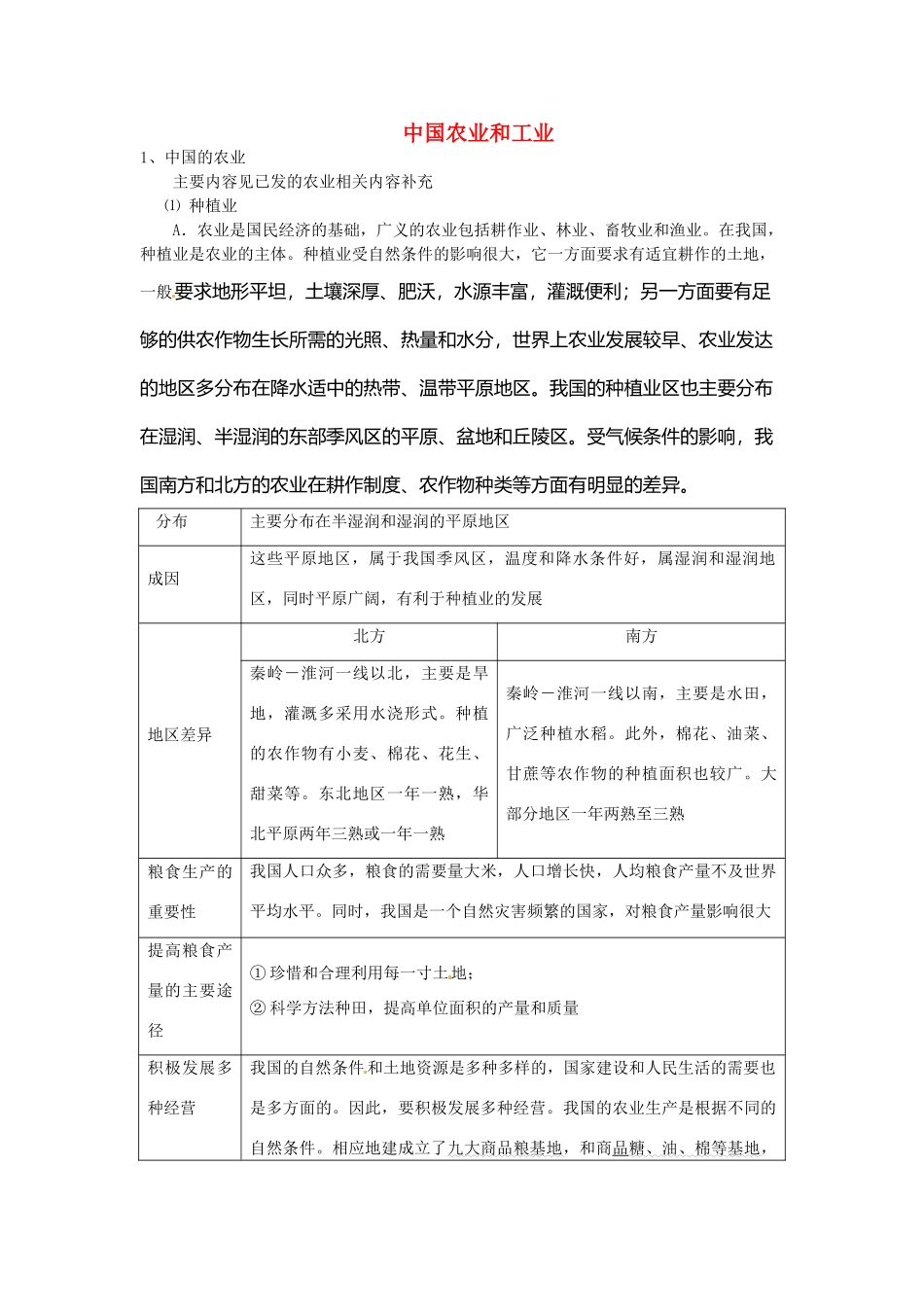 高一地理 世界地理 7中国农业和工业教案-人教版高一全册地理教案_第1页
