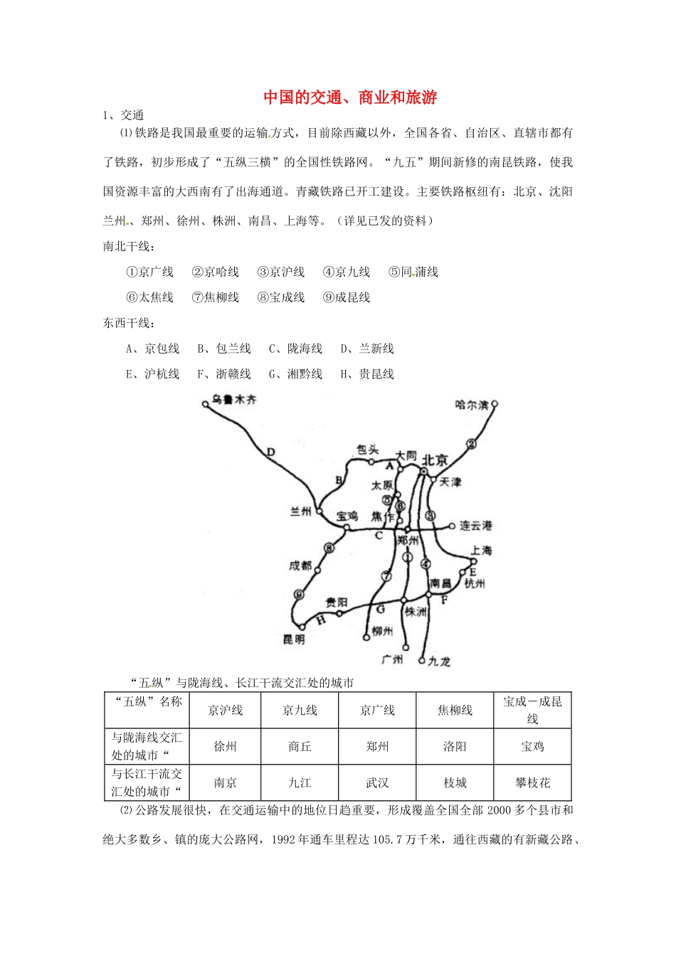 高一地理 世界地理 9中国的交通、商业和旅游教案-人教版高一全册地理教案_第1页