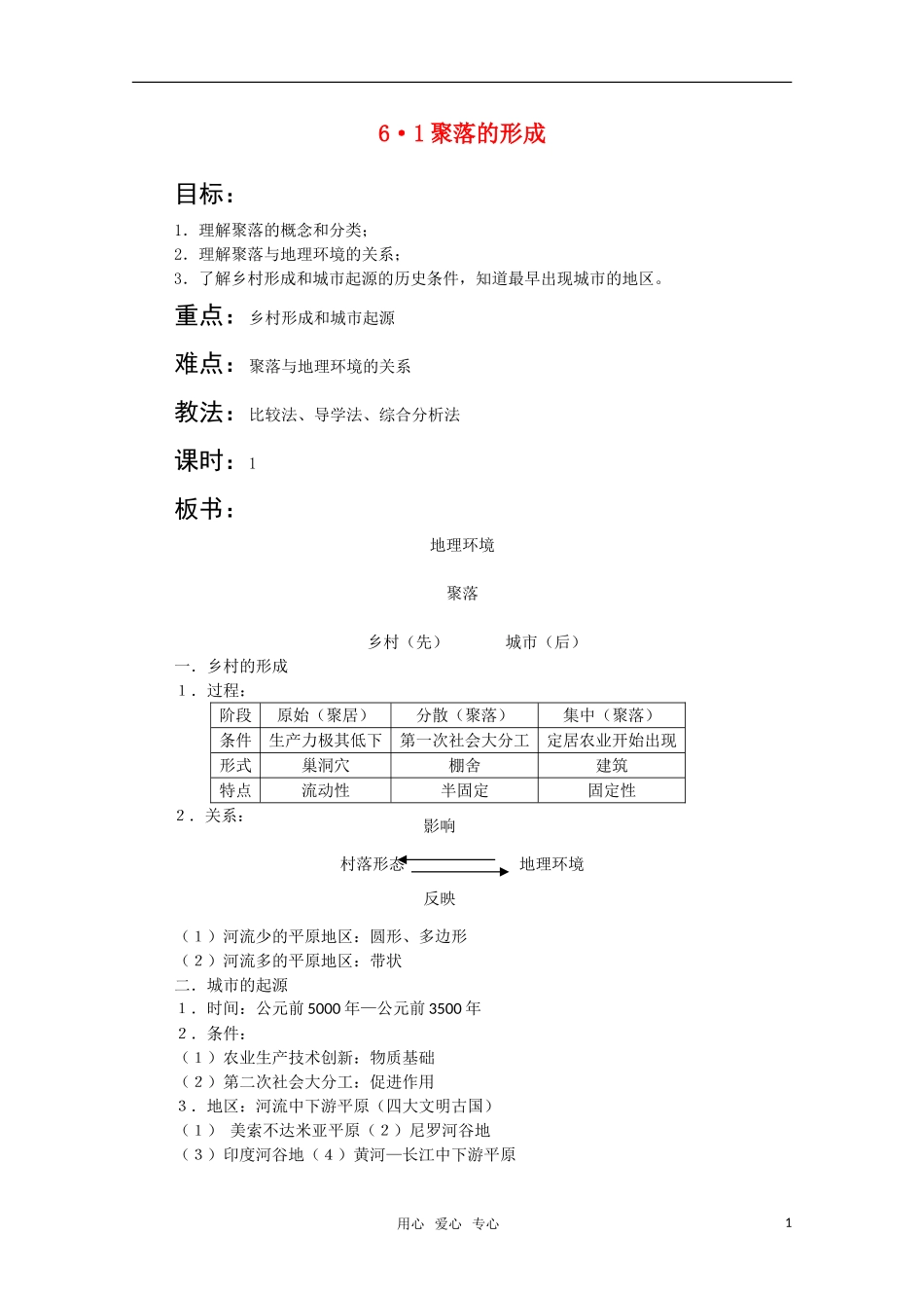 高一地理 6.1《聚落的形成》教案（旧人教版）_第1页