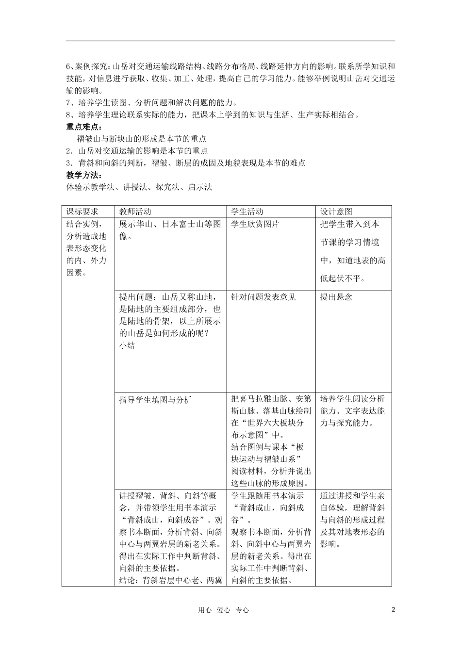 高一地理  4.2《山丘的形成》教学设计  新人教版必修1_第2页