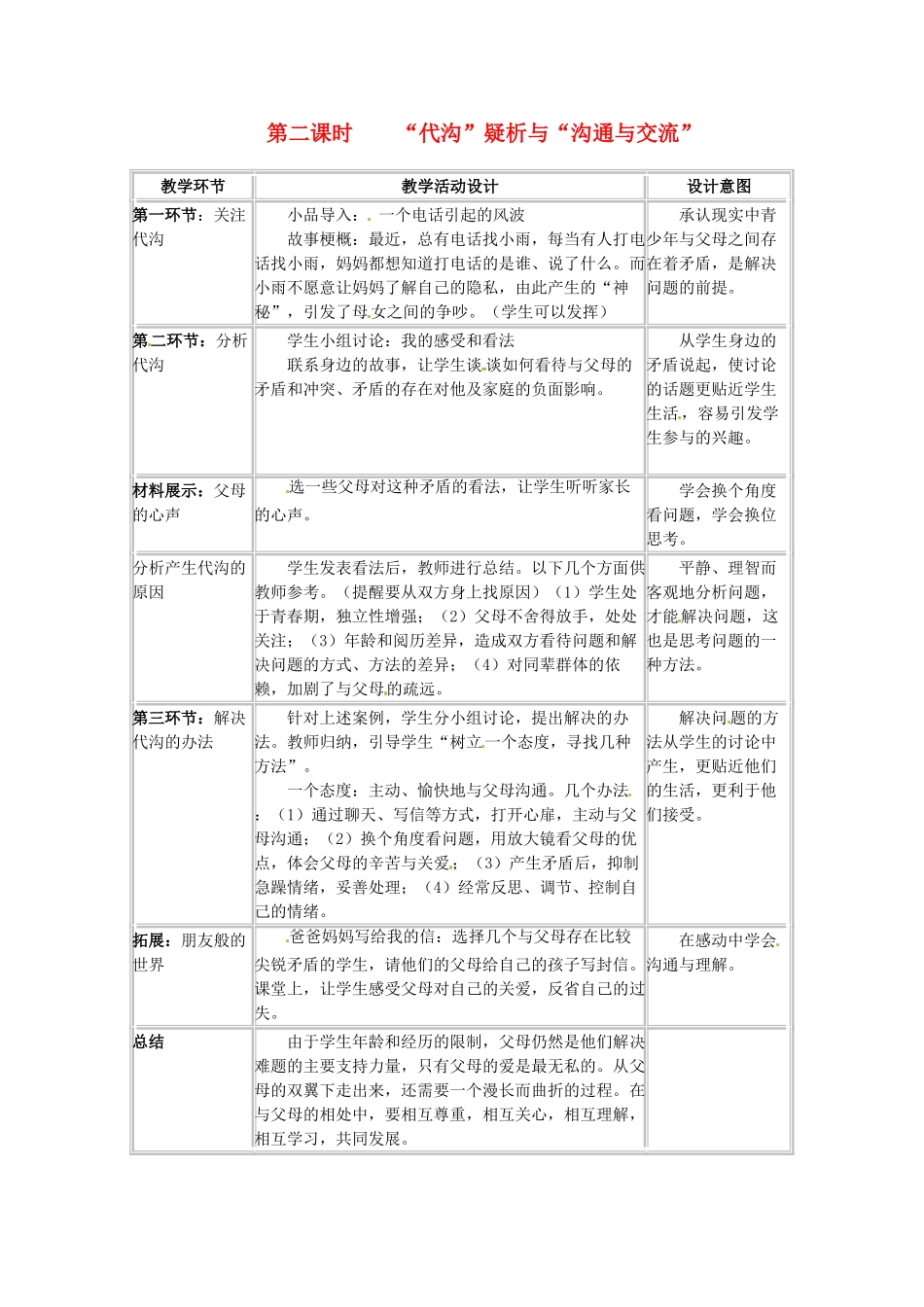 四川省宜宾县复龙初级中学八年级政治上册 第二课时 “代沟”疑析与“沟通与交流”教学设计 教科版教材_第1页