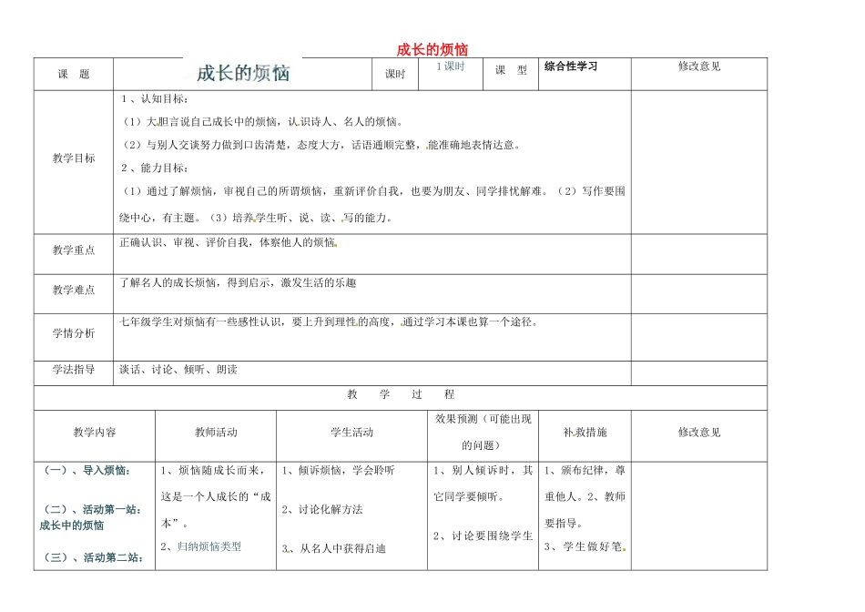 四川省华蓥市明月镇七年级语文上册 第四单元 综合性学习 成长的烦恼教学设计 （新版教材）新人教版教材_第1页