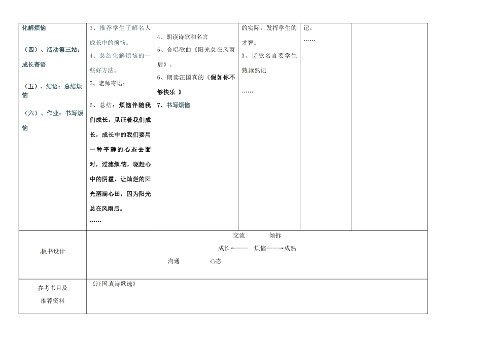 四川省华蓥市明月镇七年级语文上册 第四单元 综合性学习 成长的烦恼教学设计 （新版教材）新人教版教材_第2页