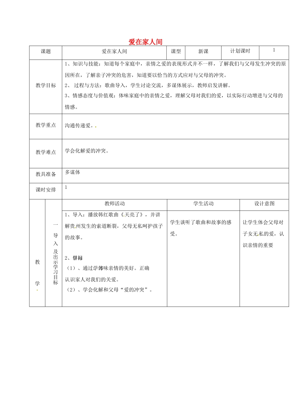 云南省昆明市东川区七年级道德与法治上册 第七课 亲情之爱 第2框 爱在家人间教学设计 新人教版教材_第1页