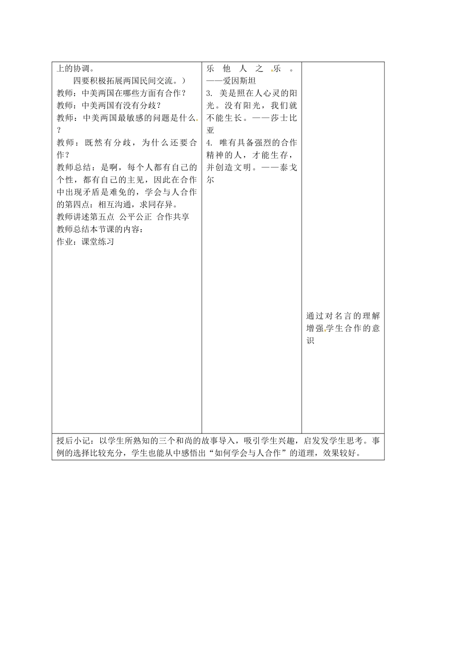 九年级政治全册 第四课 学会合作 第二框 学会与人合作教学设计 苏教版教材-苏教版教材初中九年级全册政治教学设计_第3页