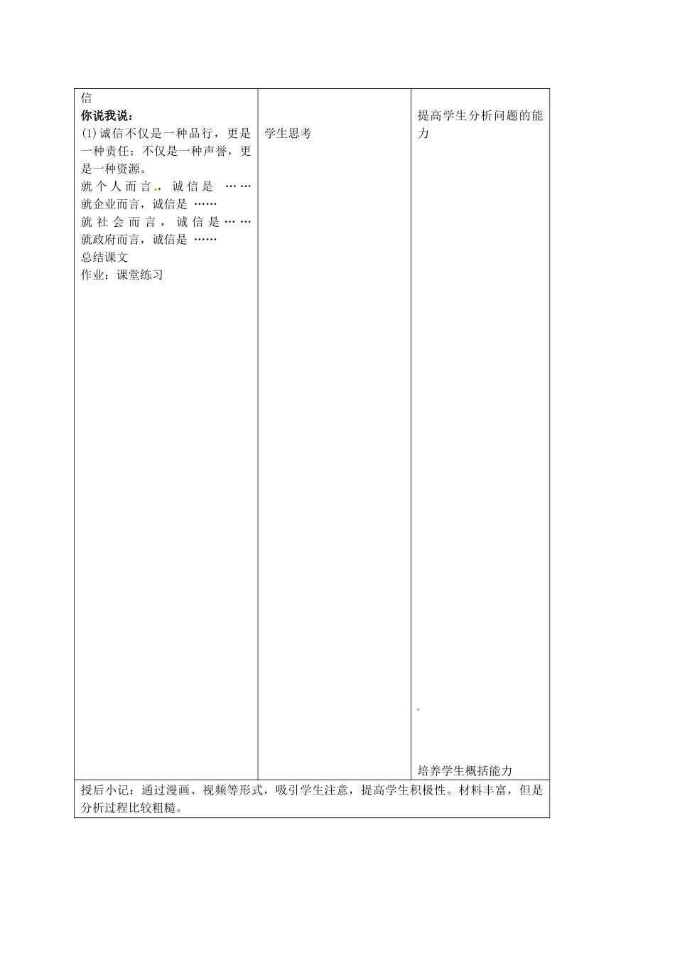 九年级政治全册 第五课 与诚信同行 第一框 人贵诚信教学设计 苏教版教材-苏教版教材初中九年级全册政治教学设计_第3页