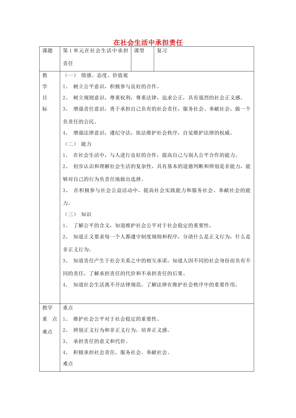 九年级政治全册 第一单元 在社会生活中承担责任教学设计 鲁人版教材-鲁人版教材初中九年级全册政治教学设计_第1页
