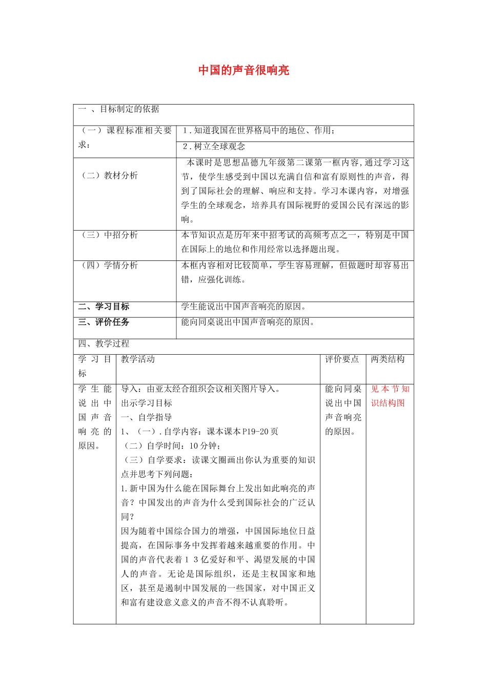九年级政治全册 第一单元 世界大舞台 第二课 中国的声音 第一课中国的声音很响亮教学设计 人民版教材-人民版教材初中九年级全册政治教学设计_第1页