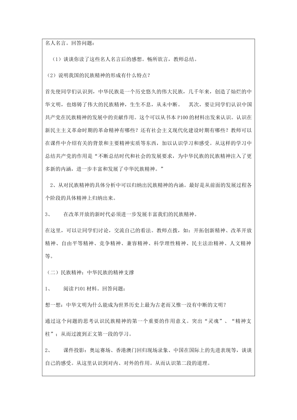 九年级政治全册 第3单元 关注国家的发展 第九课 弘扬和培育民族精神 第1框 民族精神耀中华教学设计 鲁教版教材-鲁教版教材初中九年级全册政治教学设计_第2页