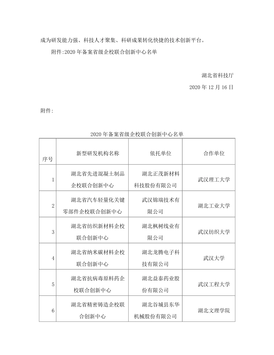 湖北省科技厅关于同意备案一批省级企校联合创新中心的通知 _第2页