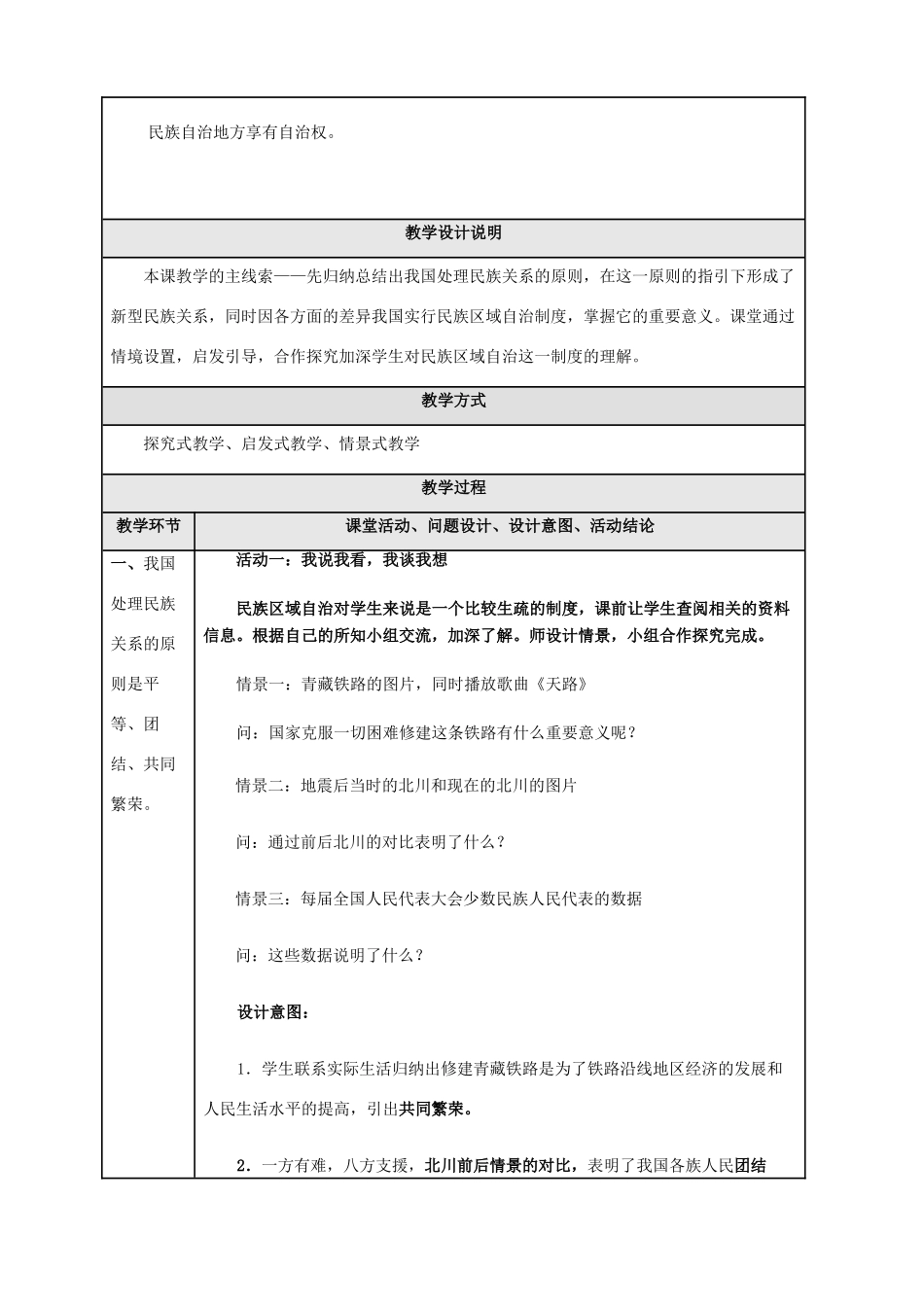 九年级政治 5.2《独具特色的民族区域自治》教学设计 鲁教版教材_第2页
