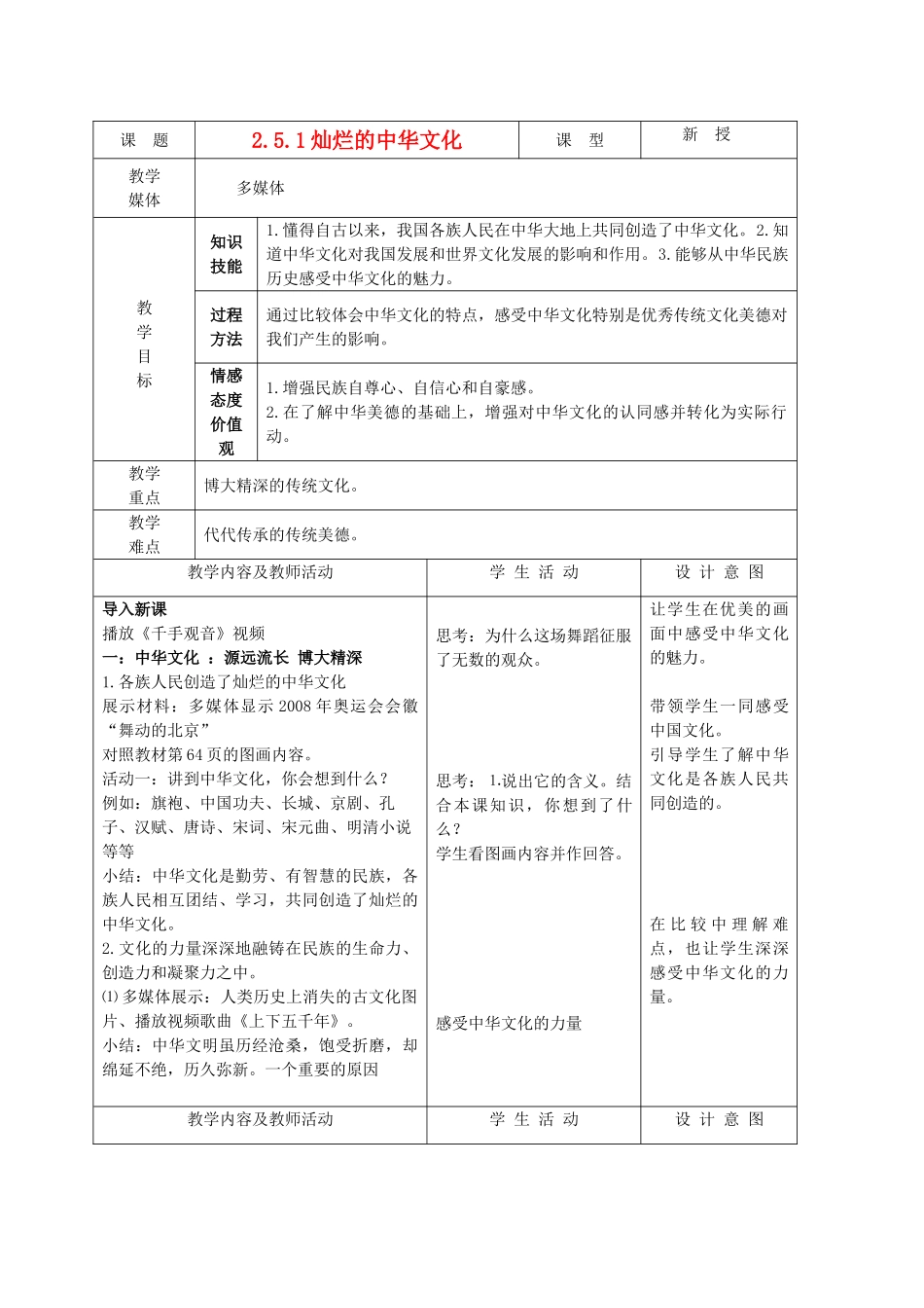 九年级政治 2.5.1灿烂的中华文化教学设计 鲁教版教材_第1页