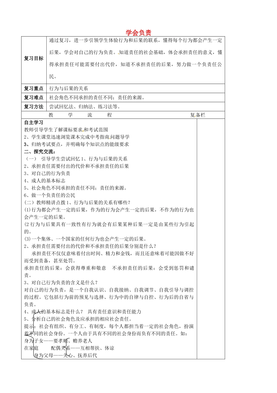中考政治第一轮复习 八上 第三单元 学会负责教学设计 苏教版教材-苏教版教材初中九年级全册政治教学设计_第1页
