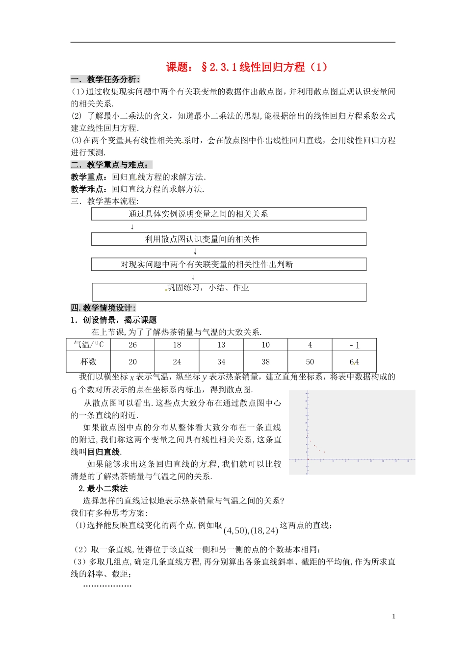 福建省长乐第一中学高中数学《2.3.1线性回归方程（1）》教案 新人教A版必修3_第1页