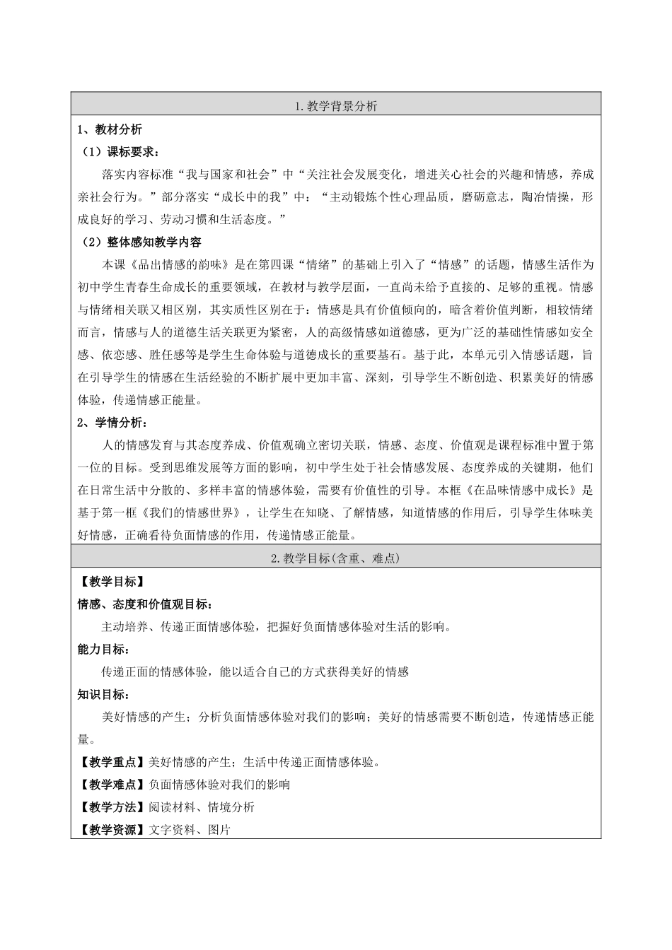 七年级道德与法治下册 第二单元 做情绪情感的主人 第五课 品出情感的韵味 5.2 在品味情感中成长教学设计 新人教版教材-新人教版教材初中七年级下册政治教学设计_第2页