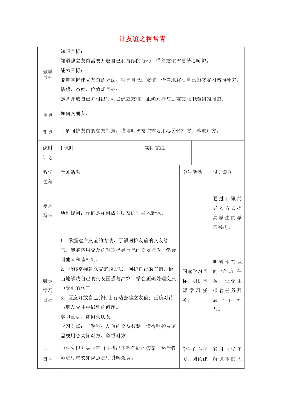 七年级道德与法治上册 第二单元 友谊的天空 第五课 交友的智慧 第一框 让友谊之树常青教学设计 新人教版教材-新人教版教材初中七年级上册政治教学设计_第1页