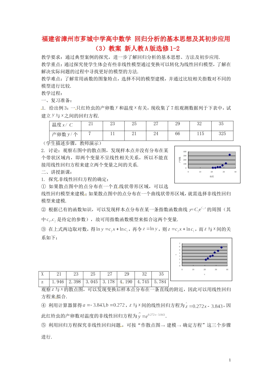 福建省漳州市芗城中学高中数学 回归分析的基本思想及其初步应用（3）教案 新人教A版选修1-2_第1页