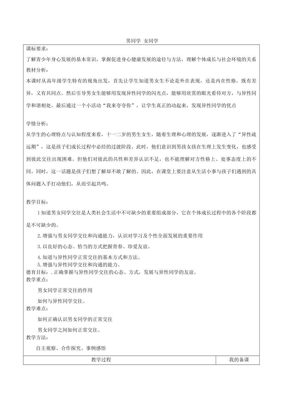 七年级道德与法治上册 第一单元 相逢是首歌 第1课 我与同伴共成长 第3框 男同学 女同学教学设计 鲁人版教材五四制-鲁人版教材初中七年级上册政治教学设计_第1页
