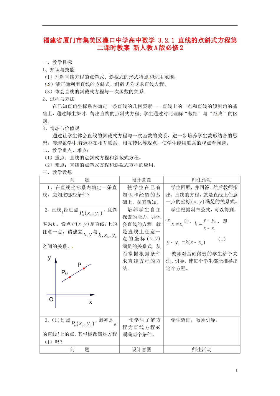 福建省厦门市集美区灌口中学高中数学 3.2.1 直线的点斜式方程第二课时教案 新人教A版必修2_第1页
