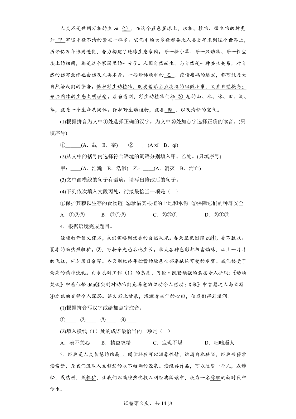 基础知识综合复习题2024（突破训练）023学年部编版语文七年级上册_第2页