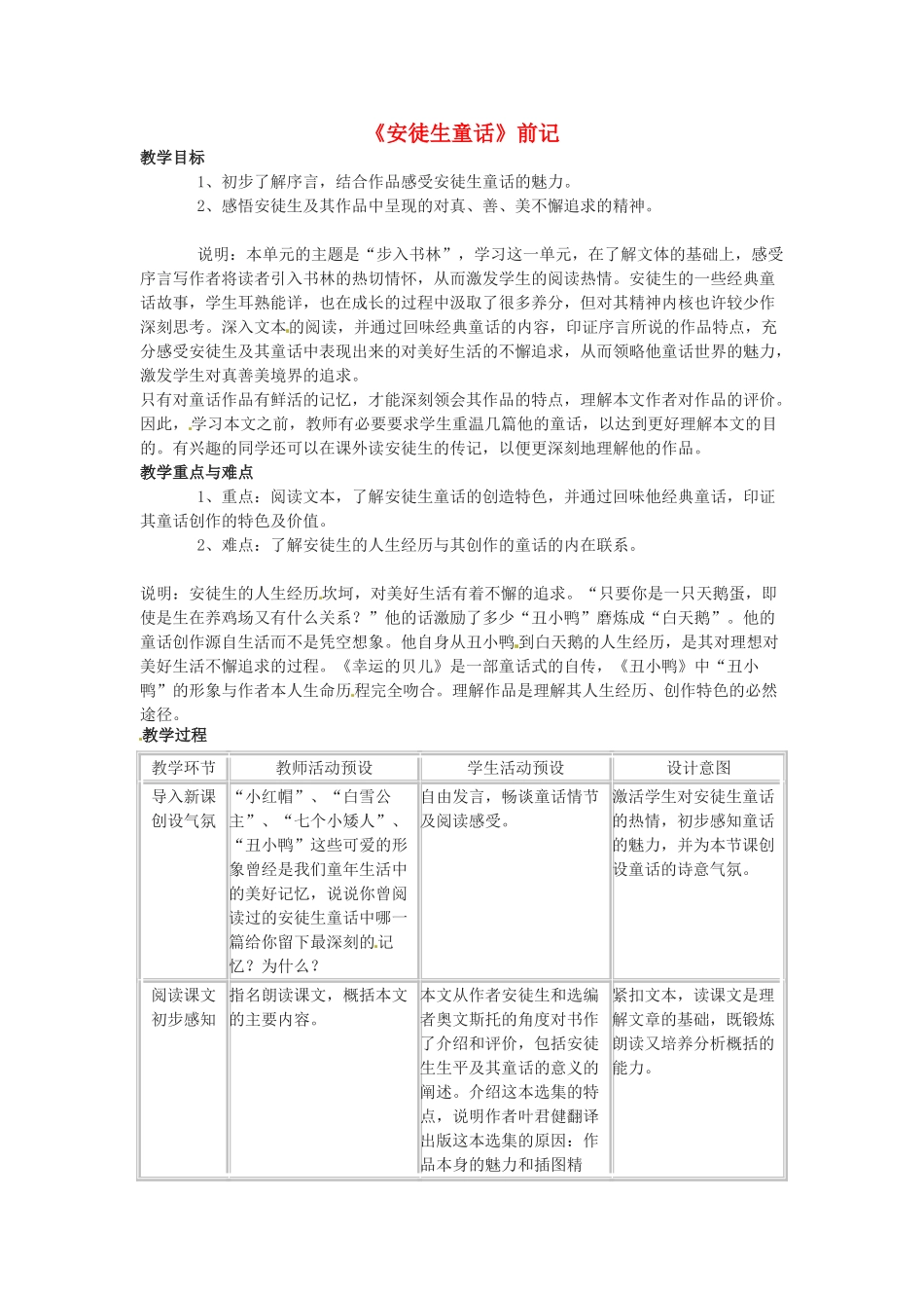 七年级语文下册 第31课《安徒生童话前记》教学设计 上海五四制版教材_第1页