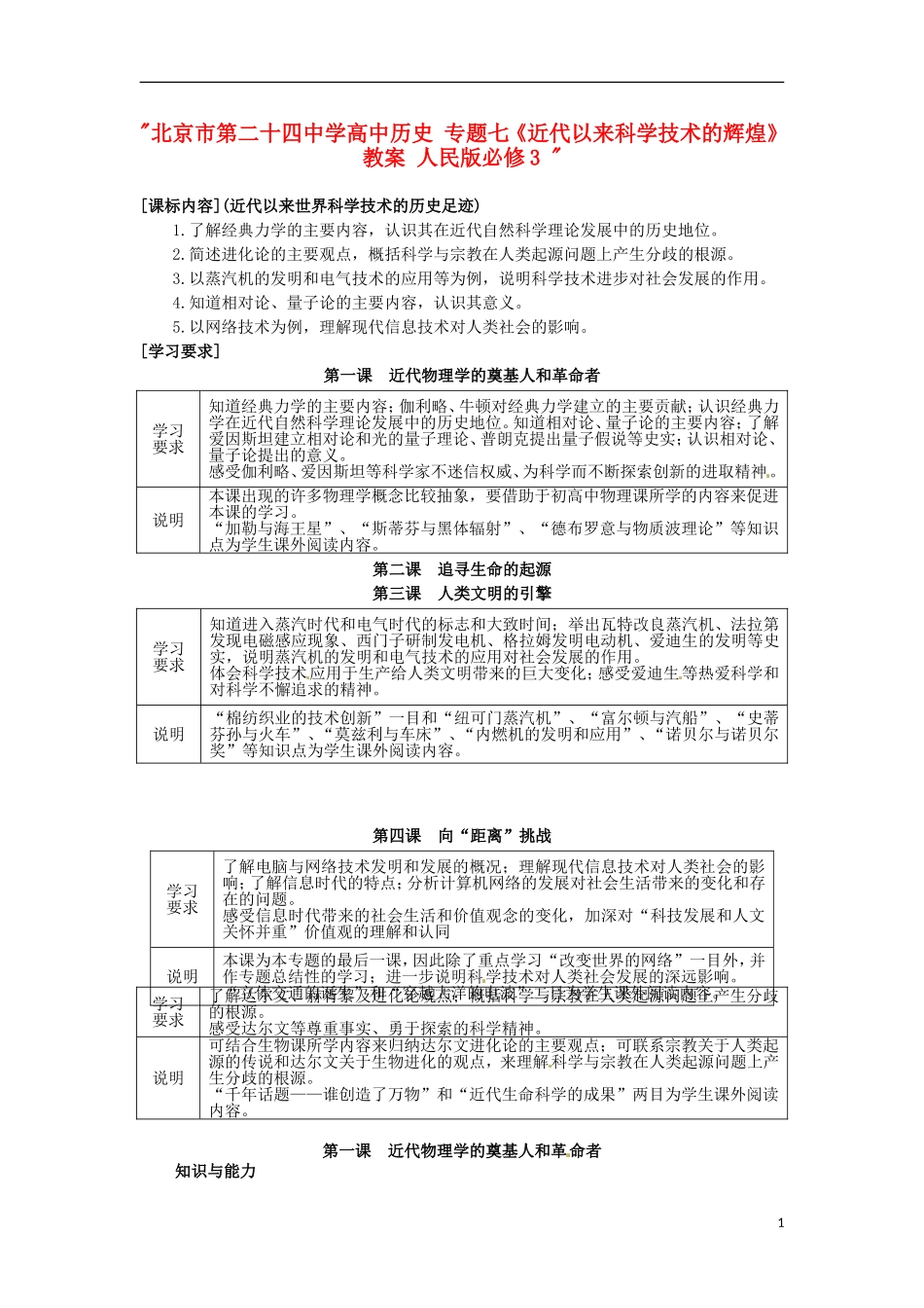 北京市第二十四中学高中历史 专题七《近代以来科学技术的辉煌》教案 人民版必修3 _第1页