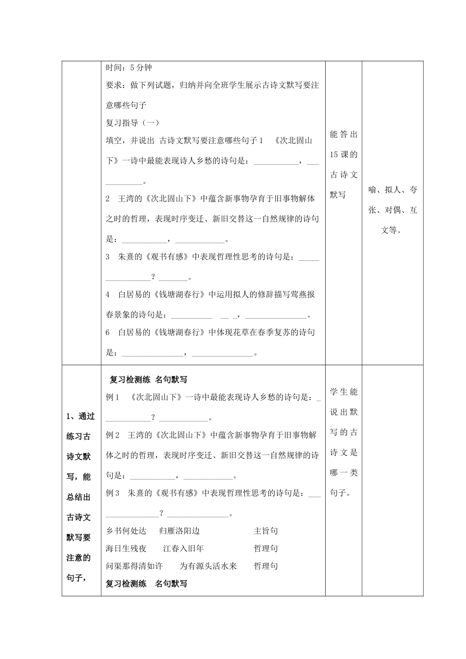 七年级语文上册 第三单元复习习之一 古诗文默写与古诗文鉴赏教学设计 （新版教材）新人教版教材-（新版教材）新人教版教材初中七年级上册语文教学设计_第2页