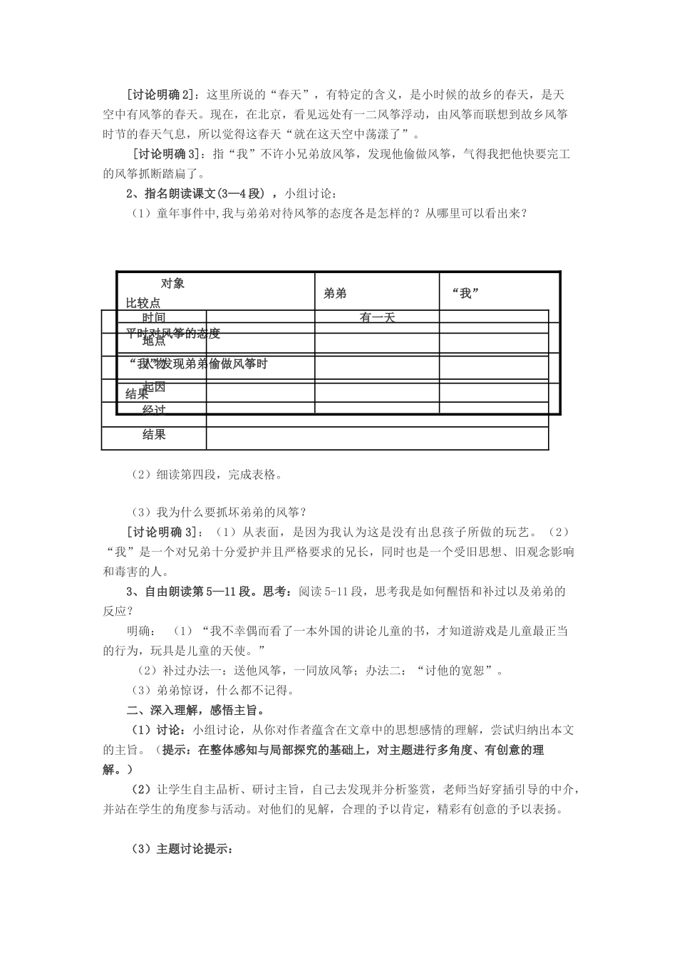 七年级语文上册 第一单元 4《风筝》教学设计 语文版教材-语文版教材初中七年级上册语文教学设计_第3页