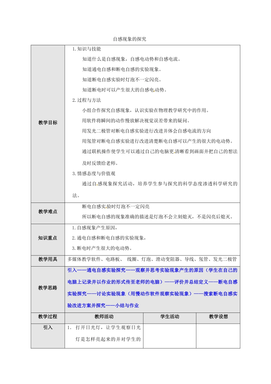 高中物理 3.6 自感现象的探究教学设计 新人教版选修1-1-新人教版高一选修1-1物理教案_第1页