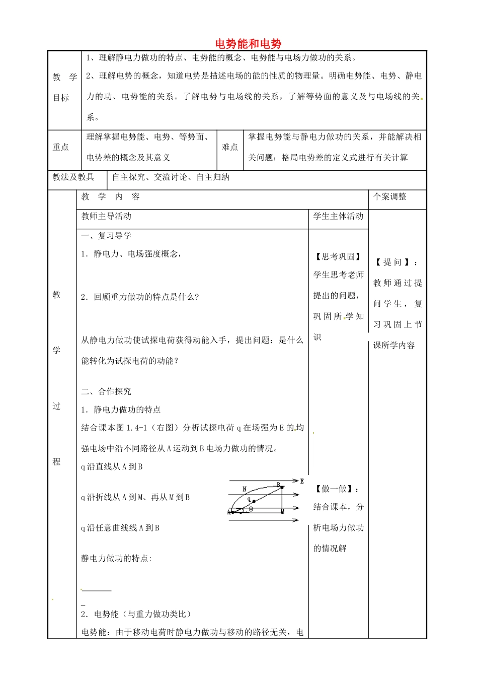 高中物理 1.4 电势能和电势教案1 苏教版选修3-1-苏教版高二选修3-1物理教案_第1页