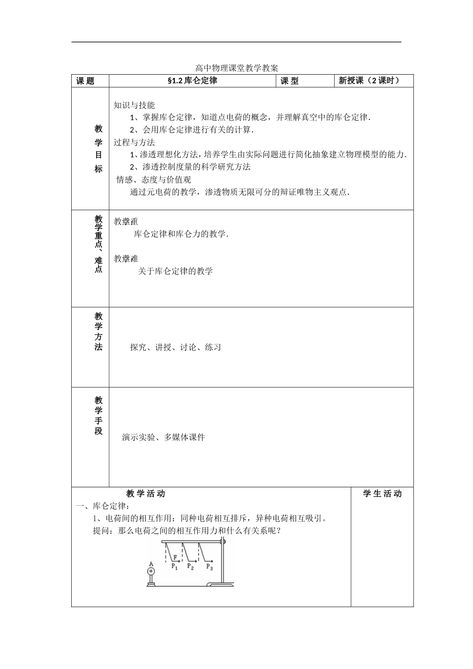 高中物理 1.2库仑定律（教案2） 教科版选修（3-1）_第1页