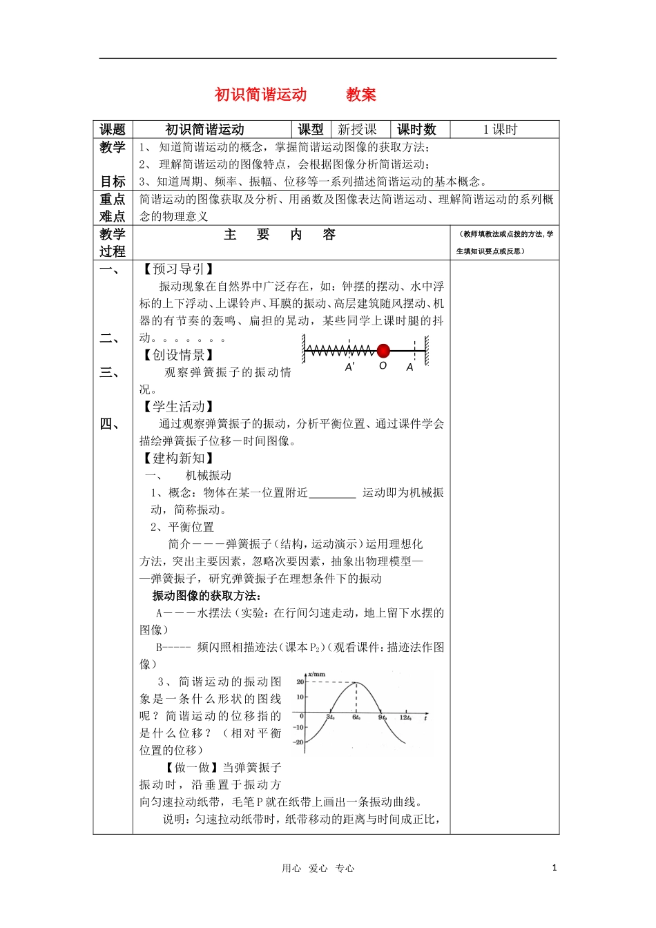 高中物理 1.1《初识简谐运动》教案 粤教版选修3-4_第1页