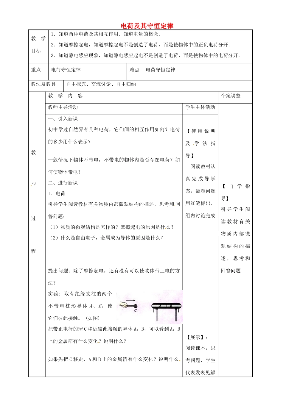 高中物理 1.1 电荷及其守恒定律教案1 苏教版选修3-1-苏教版高二选修3-1物理教案_第1页
