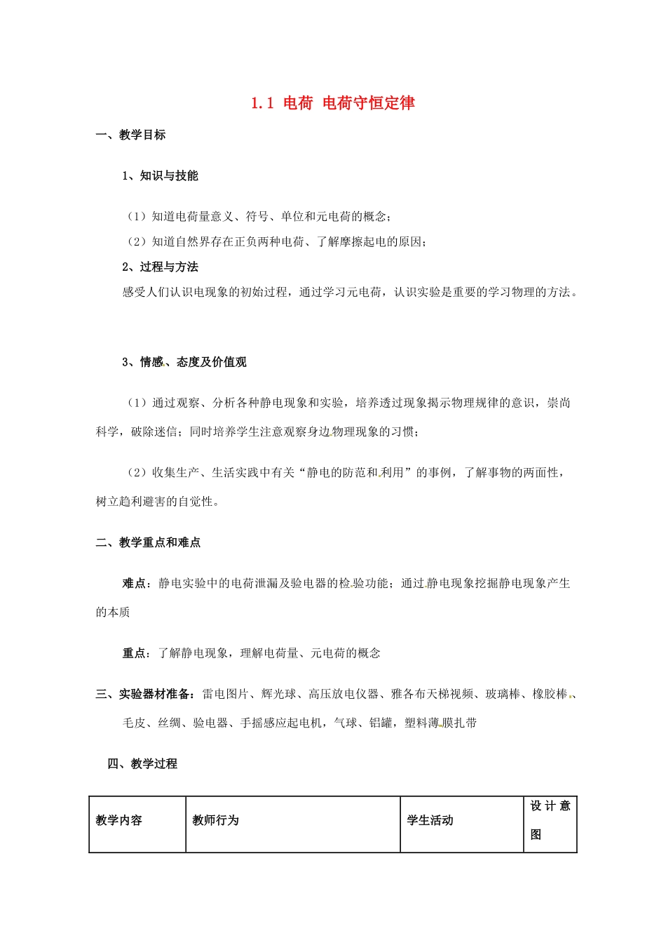 高中物理 1.1 电荷 电荷守恒定律教案 教科版选修3-1_第1页