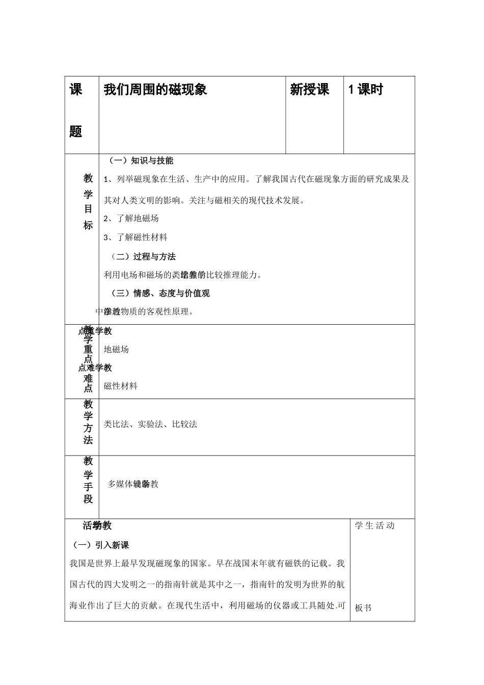 高中物理  31我们周围的磁现象教案 粤教版选修3-1_第1页