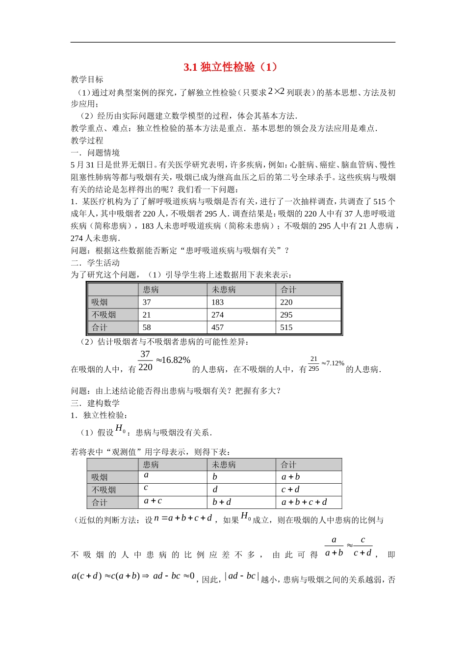 高中数学：3.1《独立性检验》教案1苏教版选修2-3_第1页