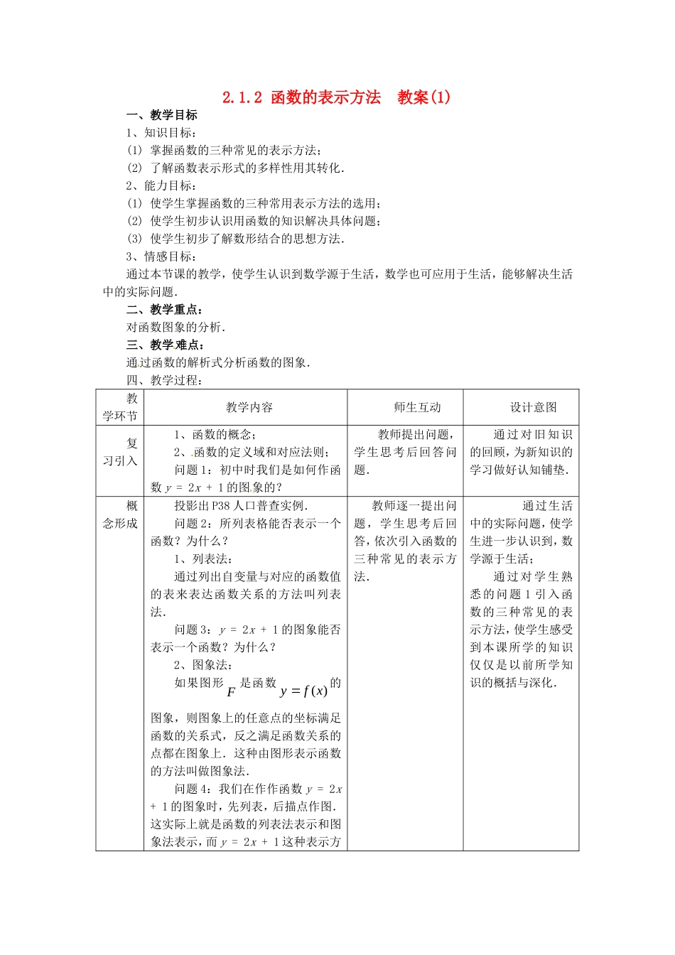 高中数学：2.1.2 函数表示法 教案（1）（新人教B必修1）_第1页