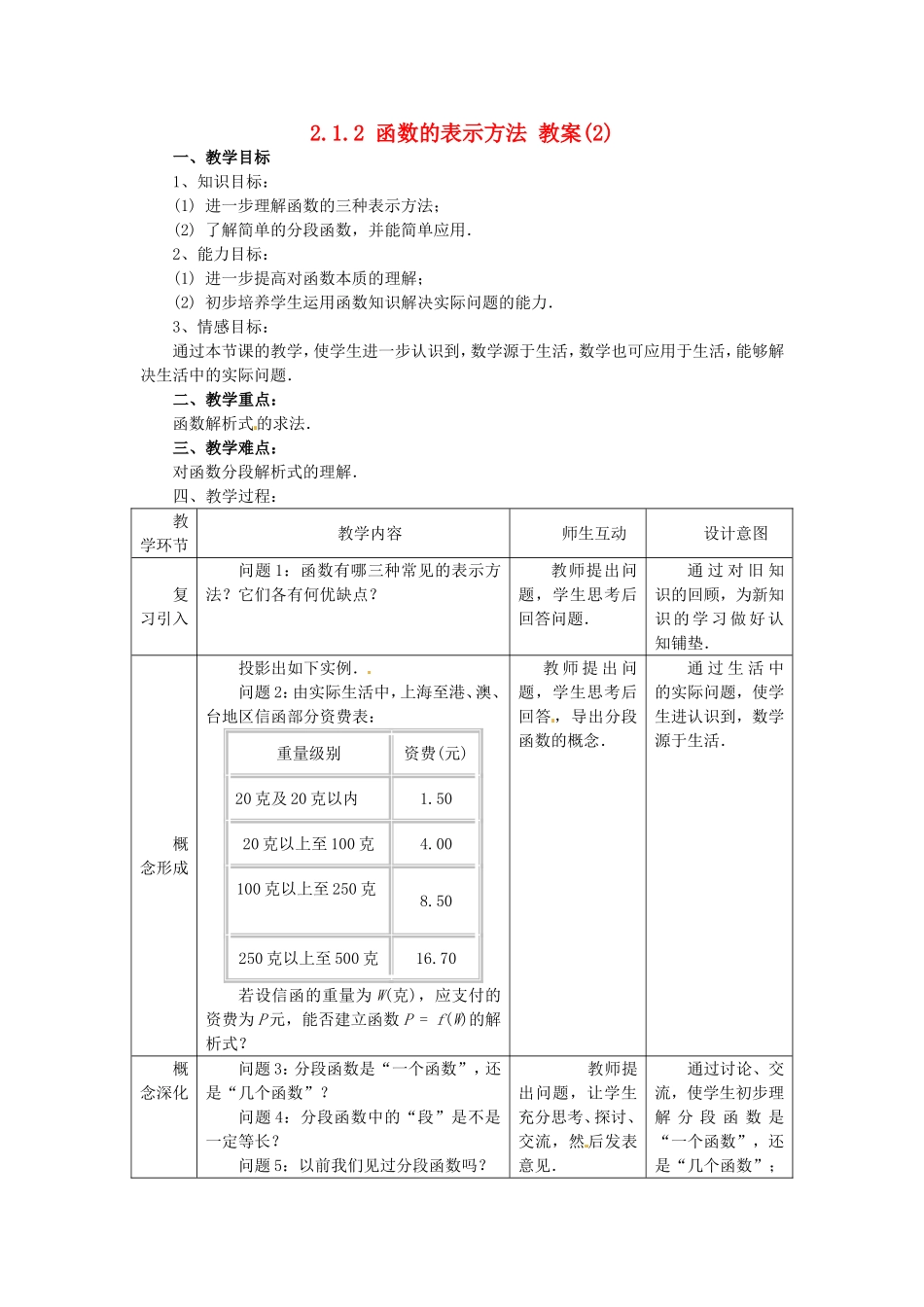 高中数学：2.1.2 函数表示法 教案（2）（新人教B必修1）_第1页
