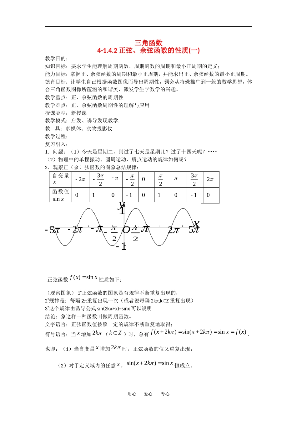 高中数学：1.4.2正弦、余弦函数的性质 教案 1 新人教A版必修4_第1页