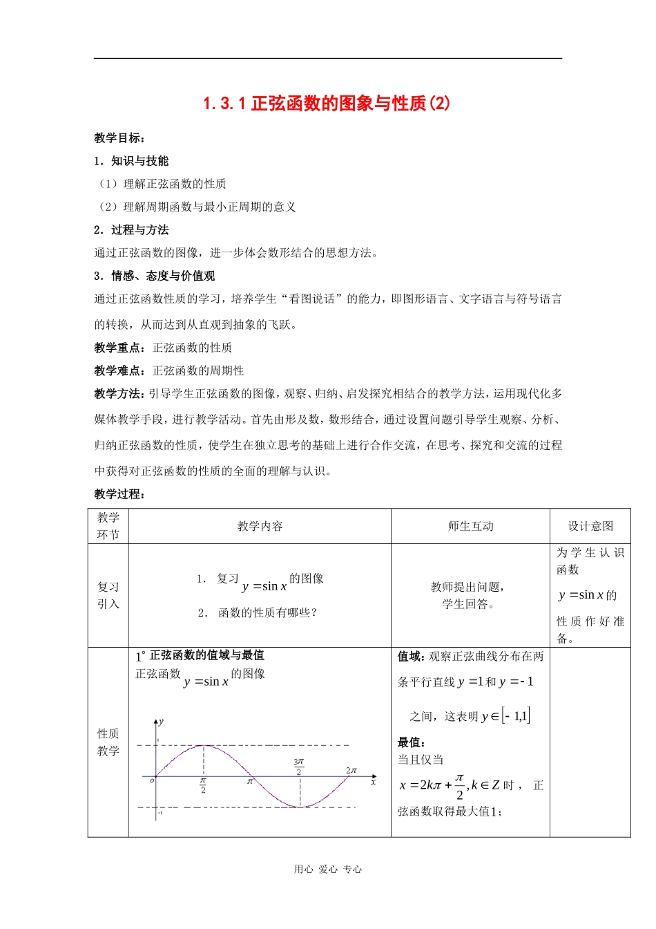 高中数学：1.3.1 三角函数的图象与性质 教案2 新人教B版必修4_第1页