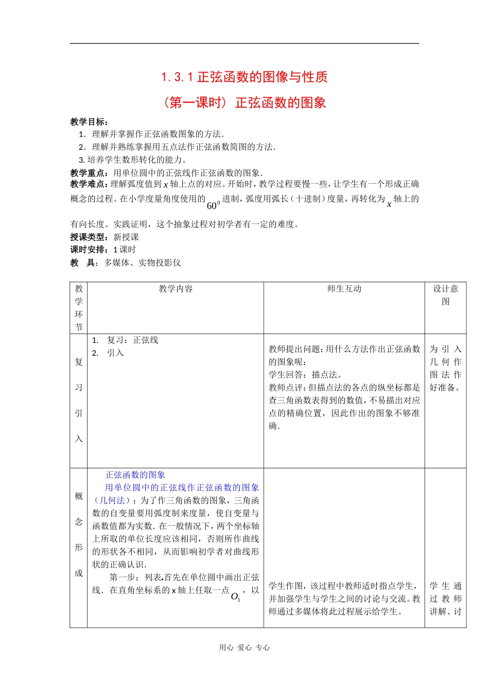 高中数学：1.3.1 正弦函数的图像与性质 教案1 新人教B版必修4_第1页